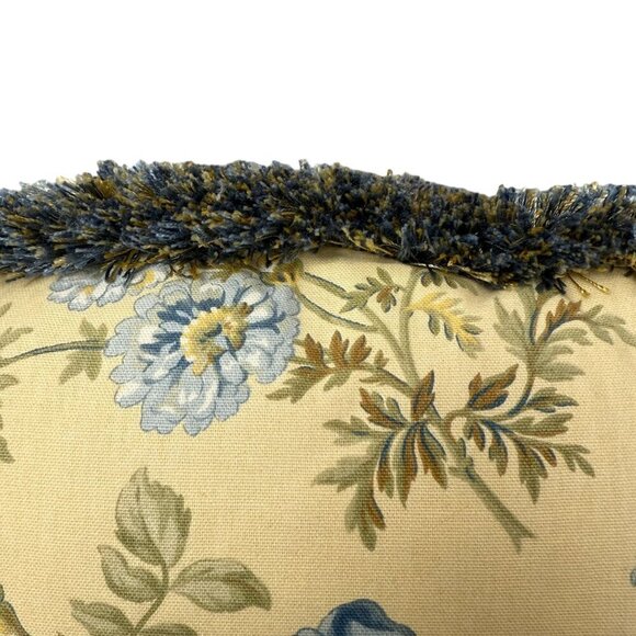 Floral Accent Pillow Yellow Blue Fringe Zippered Cover w/ Insert 19" - Picture 5 of 8